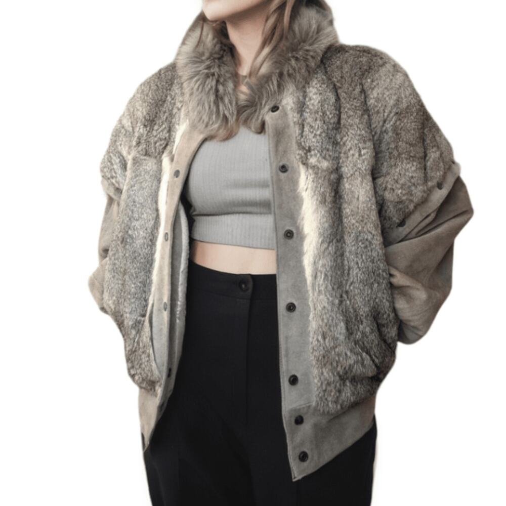 Vintage 80s Fur Suede Coat Vest Convertible Gray Rabbit Outerwear Jacket France